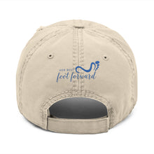 Load image into Gallery viewer, Distressed Embroidered Dad Hat — "BE KIND." Front with Foot Forward Back