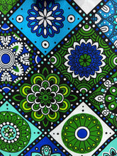 Load image into Gallery viewer, Colorful geometric pattern kitenge fabric with blue, green, and white shapes on a white background