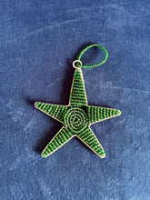Load image into Gallery viewer, Reach for the Stars - a tax-deductible honor gift donation with card from Her Best Foot Forward. Features a green beaded star ornament made by East African women artisans, supporting girls’ education. Includes loop for hanging.